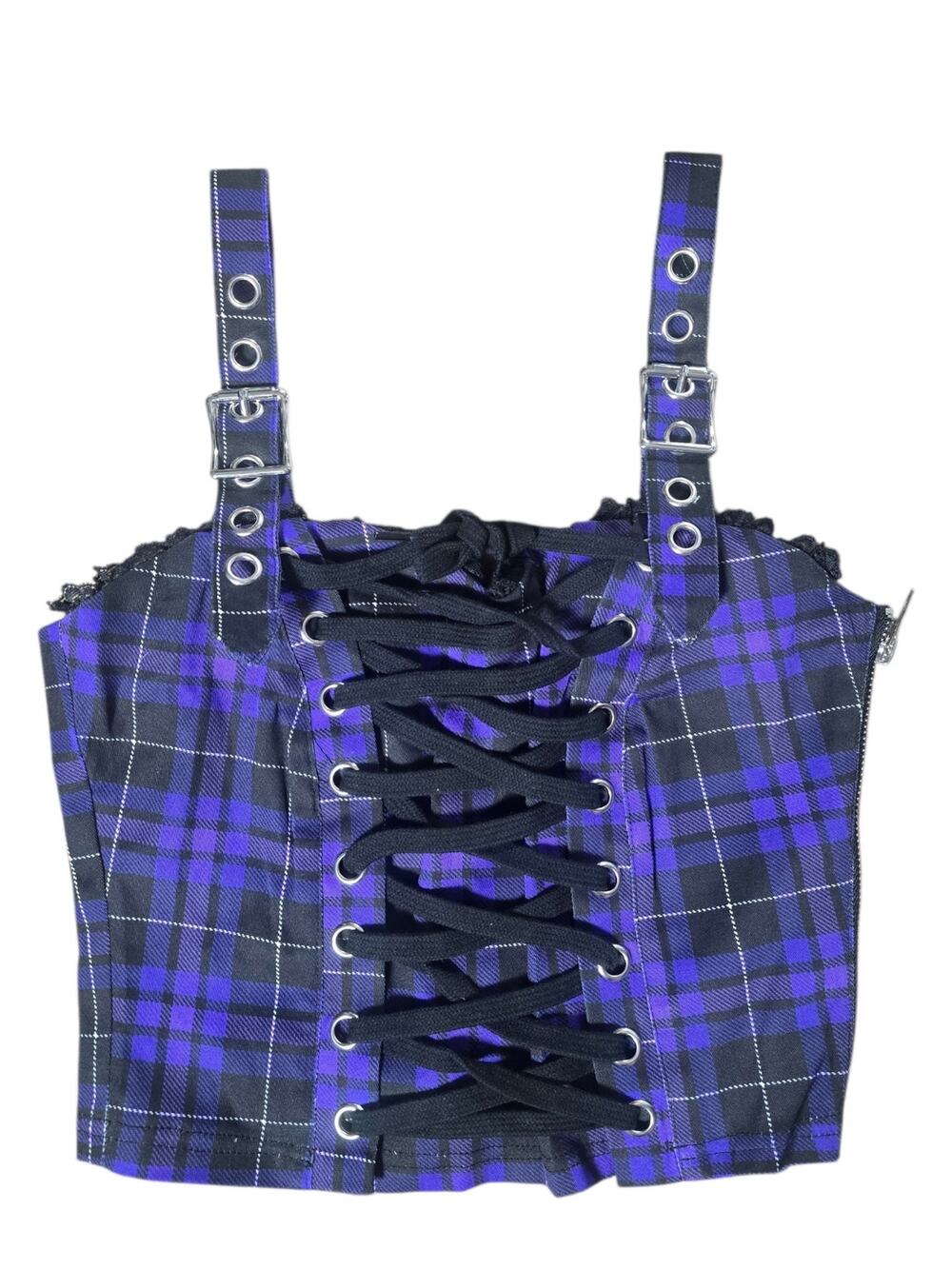 Widow Purple Black Plaid Lace-Up Bustier Corset Top Medium NWT